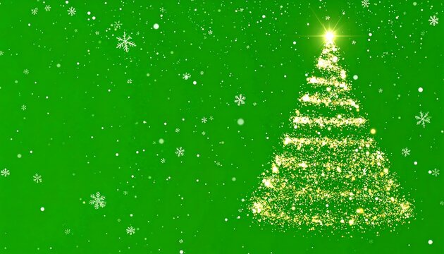 Glittering Christmas tree on a green background with snowflakes