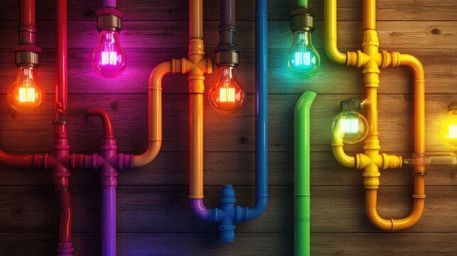Colorful industrial pipes with vintage edison bulbs on wooden wall