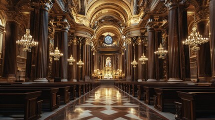 Fototapeta premium Grand Cathedral Aisle View with Columns and High Ceilings