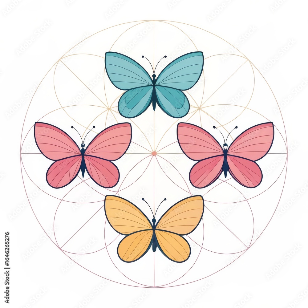 Poster four colorful butterflies arranged on a white background with overlapping circles pattern design art