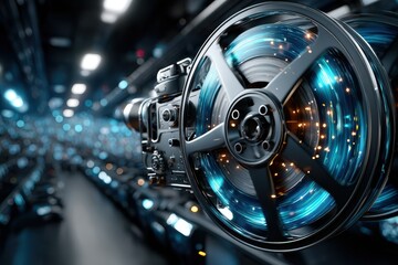 Fototapeta premium Captivating film reel with glowing light in futuristic cinema environment