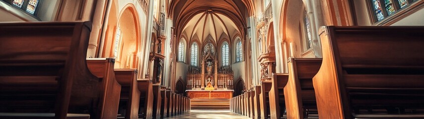 Obraz premium Stunning Interior of Cathedral with High Arches and Wooden Benches