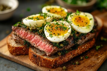 Juicy Steak Topped With Herbs and Eggs Served on Whole Grain Bread