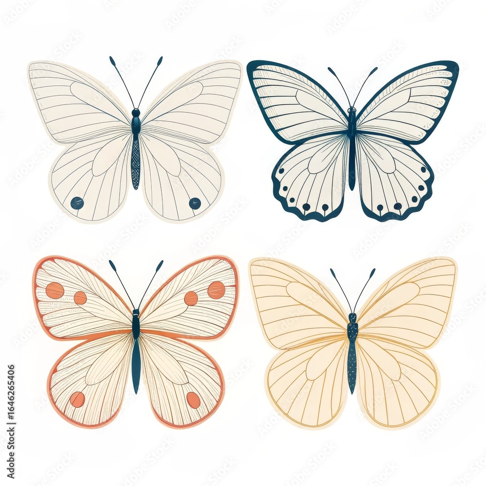 Poster four butterfly illustrations with different color schemes on a white background surface view flat la
