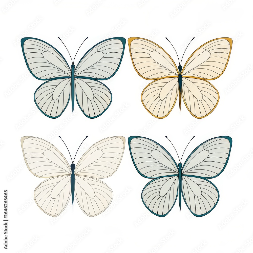 Poster four stylized butterflies with different color outlines arranged on a white background square format