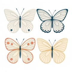 Obraz premium Four butterfly illustrations with different color schemes on a white background surface view flat lay