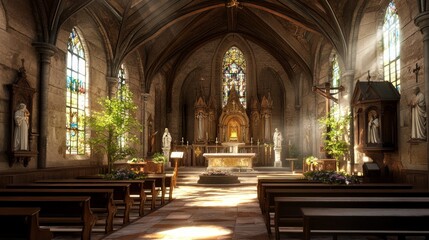 Fototapeta premium Serene Interior of a Catholic Church with Statues and Light
