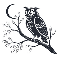 Obraz premium Vector art of owl perched on a tree branch with moon isolated on white background