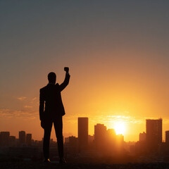 Fototapeta premium silhouette of a man raised her arm in a successful pose