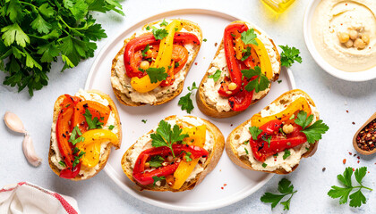 Crusty bread with creamy hummus and roasted peppers. Tasty snack for lunch. Flat lay. Culinary