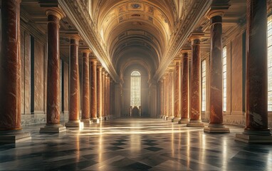 Majestic Marble Columns in Bright Nave with Soft Lighting Effects
