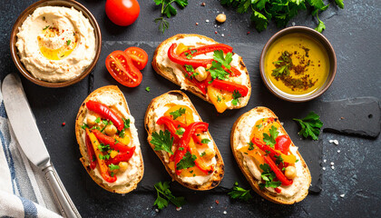 Crusty bread with creamy hummus and roasted peppers. Tasty snack for lunch. Flat lay. Culinary