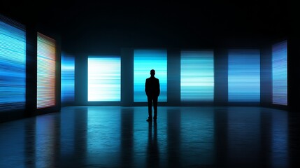 Obraz premium Man silhouetted against vibrant glowing screens in futuristic dark room, contemplating data.