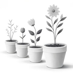 Four potted plants showing growth stages from seedling to full bloom in grayscale illustration