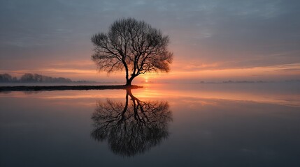 Fototapeta premium Solitary bare tree reflects perfectly in calm water at sunrise, creating a serene winter landscape scene