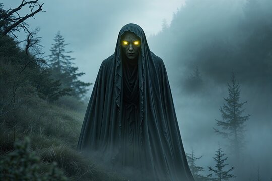 Eerie Dark Phantom with Glowing Eyes Appears from Foggy Ridge in Chilling Horror Scene