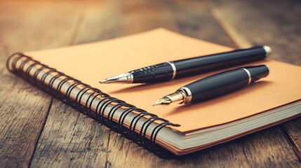 Two pens rest on an orange spiral-bound notebook.