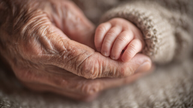 hands of the elderly woman hold hand of a baby
