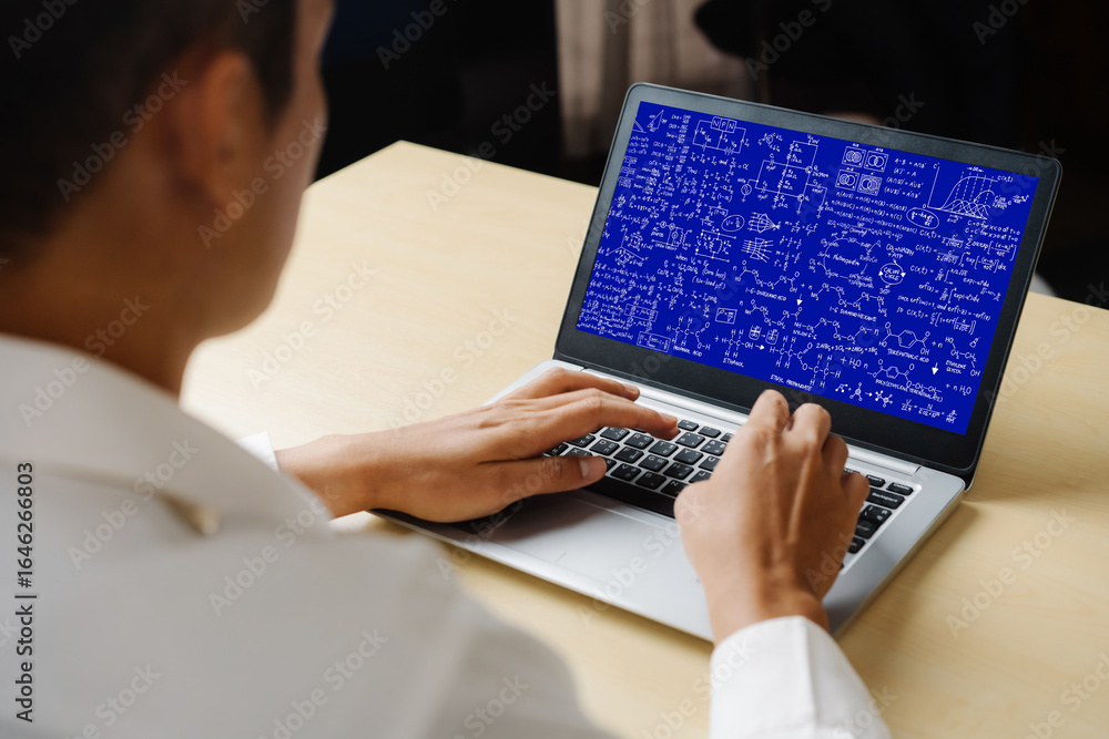 Poster mathematic equations and modish formula on computer screen showing concept of science and education