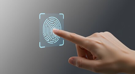Finger touching a digital fingerprint scan on a gray background for security and identification purposes