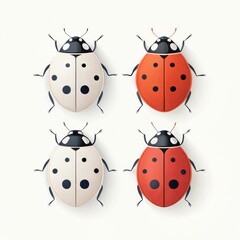 Fototapeta premium Four ladybugs arranged in a square pattern with two red and two white colored ladybugs on white background