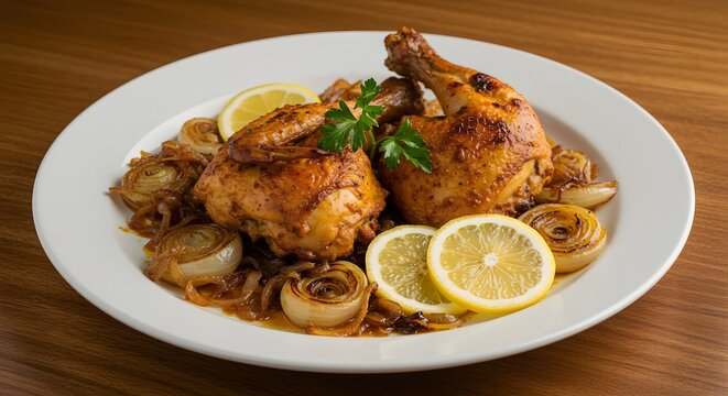 Yassa chicken with caramelized onions and lemon slices on a white plate on a wooden table