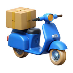 3d blue delivery scooter with cardboard box isolated on transparent background