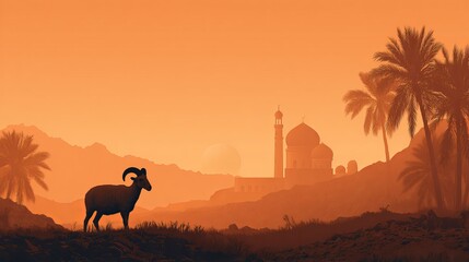 Fototapeta premium Serene desert landscape at sunset with a majestic ram, mosque, and palm trees creating a spiritual atmosphere