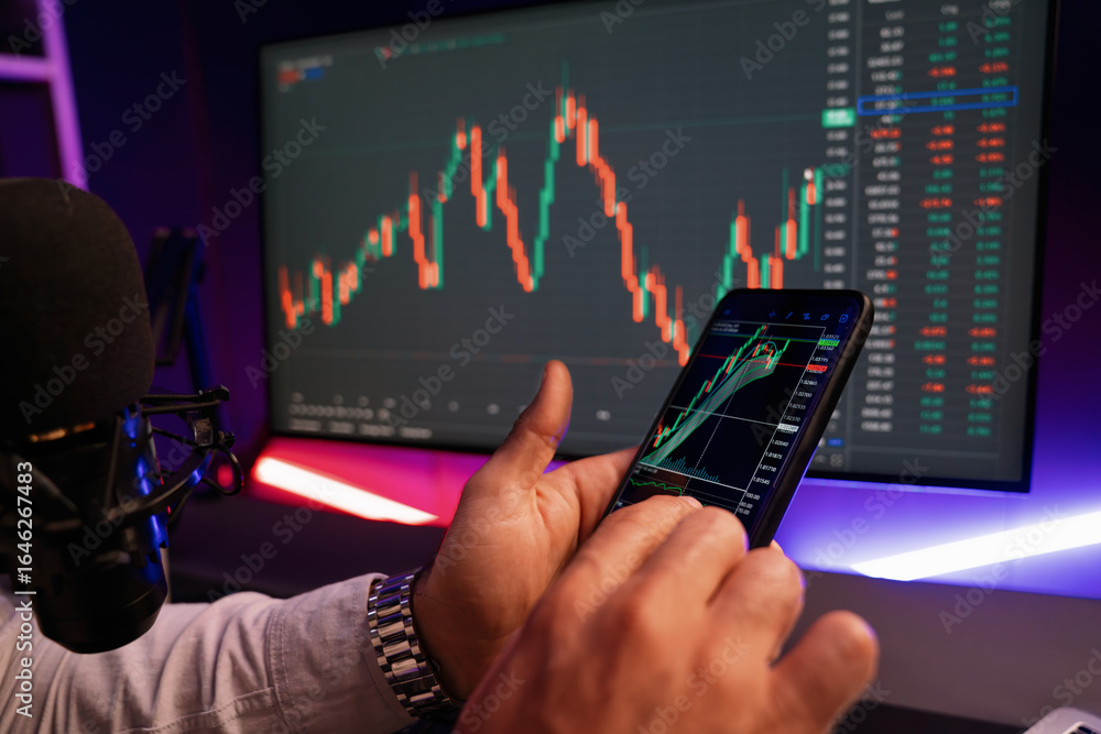Aufkleber cropped hand view, trader using smartphone for searching and analyzing in dynamic stock exchange inv