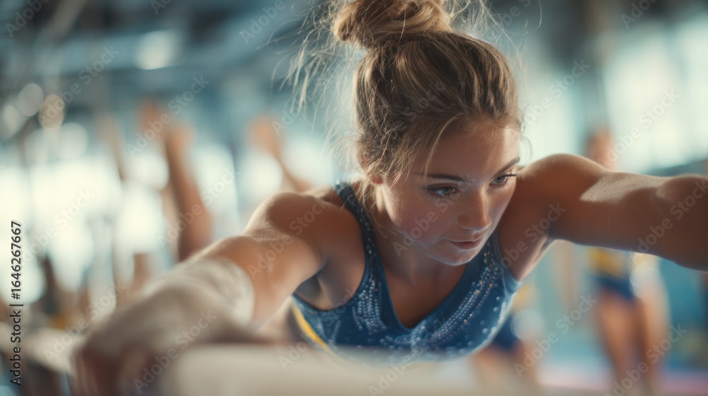 Poster gymnast in midair medium shot emphasizing sensorequipped grips logging angular data sharply focused 