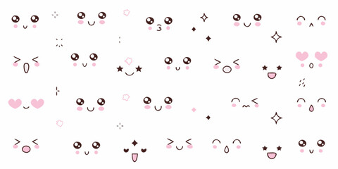 Collection of cute kawaii faces with pink accents