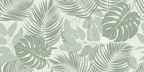 Monstera and palm leaf tropical pattern in sage green © Smritykona
