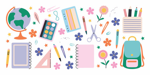 Colorful back to school supplies and decorations