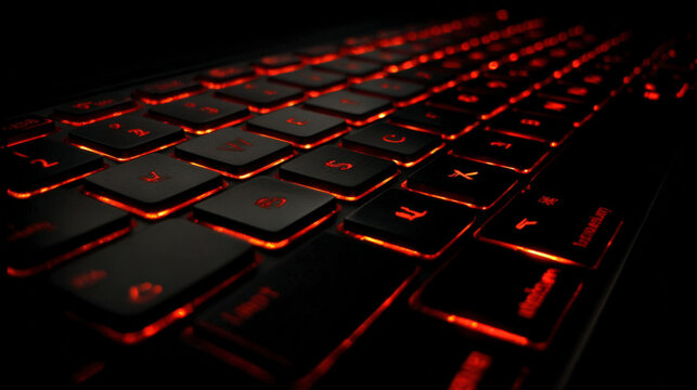A close up of a keyboard with the letters and numbers lit up in red - Powered by Adobe