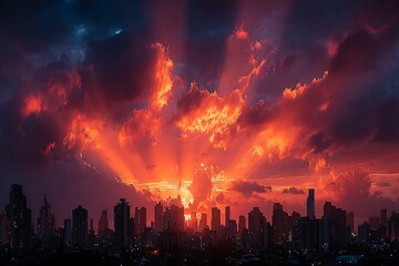 Breathtaking city skyline under fiery sunset high resolution picture