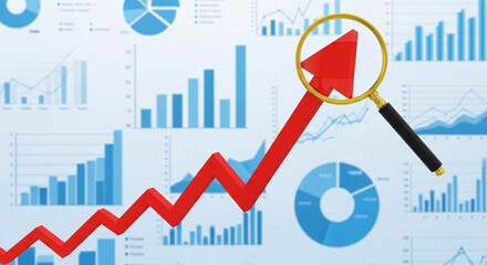 Magnifying Glass Examines Upward Trend Red Arrow Over Financial Charts and Graphs