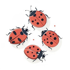 Obraz premium Illustration of four ladybugs with black spots on red shells and a smaller ladybug above them