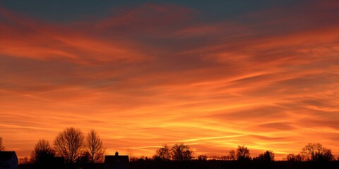 Naklejka premium Fiery Sunrise Over Rural Landscape, Dramatic Sky with Orange and Crimson Hues Painting Silhouette of Trees.