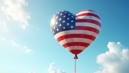 Heart-shaped balloon with American flag design floating in a blue sky with scattered clouds