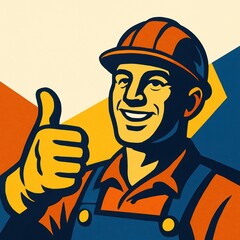 Retro-style illustration of a smiling worker in a hard hat giving a thumbs-up gesture