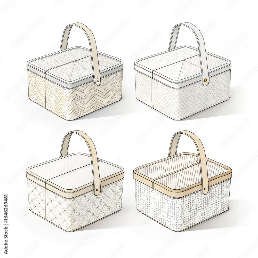 Aufkleber four white picnic baskets with varying patterns and handle designs on a white background surface vie