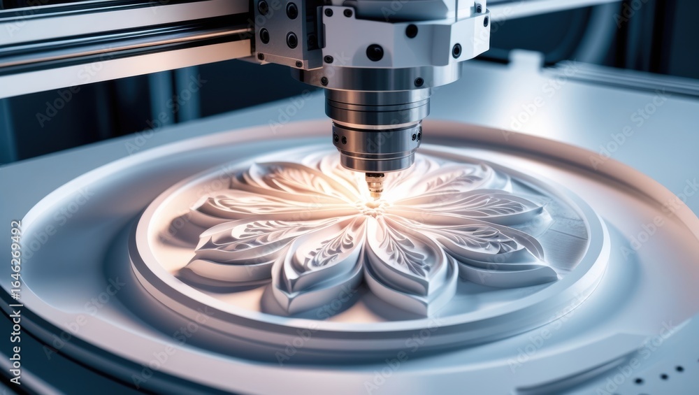 Aufkleber cnc machine carving intricate floral pattern on white material in a workshop setting