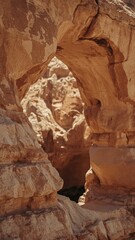 Natural sandstone arch formation in a desert landscape with rugged textures and warm earthy tones