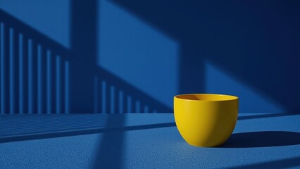 Minimalist yellow bowl on textured blue surface with geometric shadows in modern lighting
