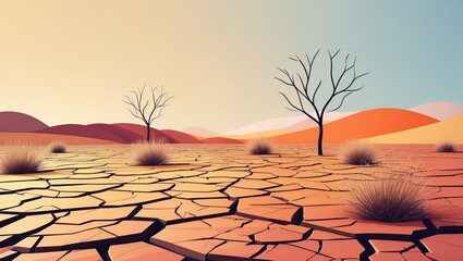Arid desert landscape with cracked ground, dry trees, and sparse grass under a clear sky