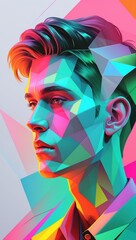 Vibrant geometric portrait of a young man with colorful polygonal shapes and abstract design elements