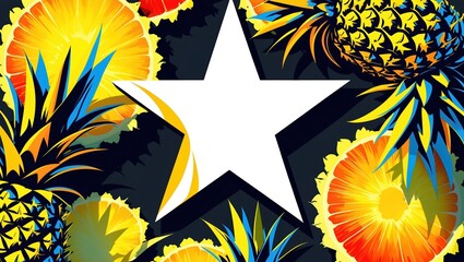 Tropical pineapple pattern with vibrant colors and a white star in the center on a dark background