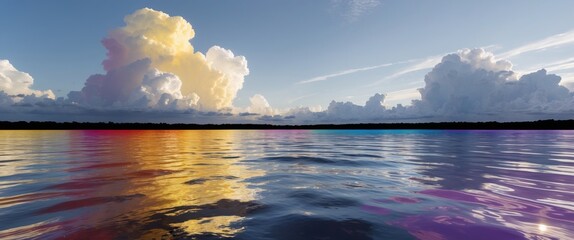 Scenic lake with colorful reflections under a cloudy sky during sunset, tranquil nature landscape