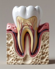 Cross-sectional anatomical model of a human tooth showing enamel, dentin, pulp, nerves, and blood vessels