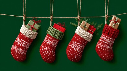 Festive Red Christmas Stockings Filled with Gifts - Holiday Season Decoration Concept